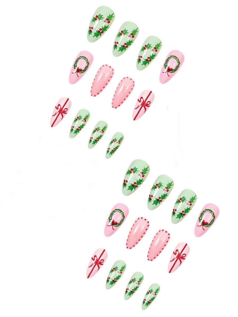24pcs Almond Christmas Press On Nails, Red Santa Hat Short False Nails, Holiday Nail Set For Women, Office, Date, Party & Everyday Wear