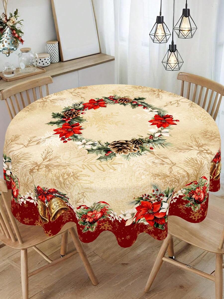 Festive Christmas Tablecloth with Snowman & Reindeer Wreath Design, Polyester Winter Table Cover for Dining Room & Kitchen Holiday Decor