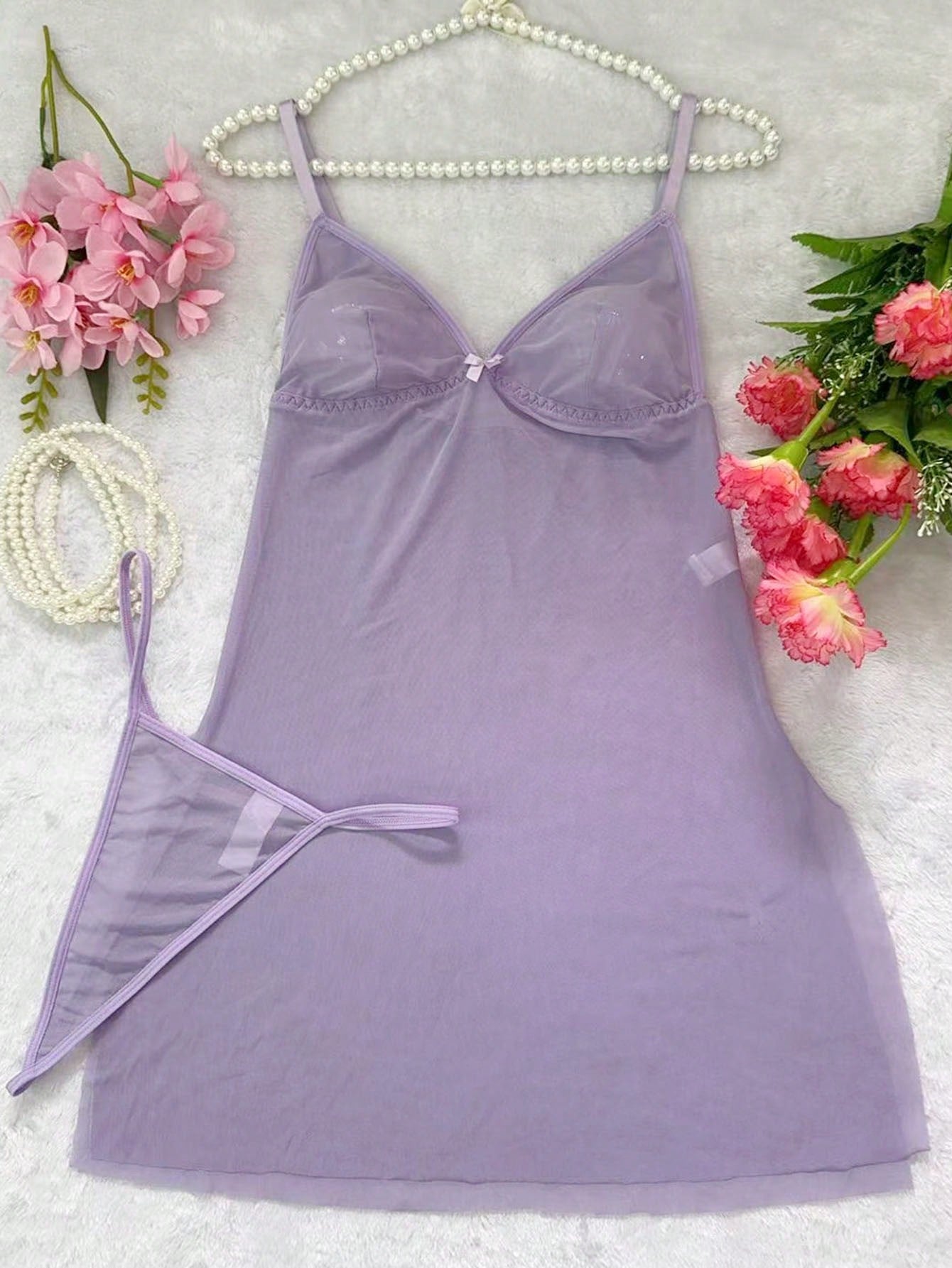 2pcs/Set Women's Wireless Sexy Mesh Lingerie, Including Camisole Dress For Going Out