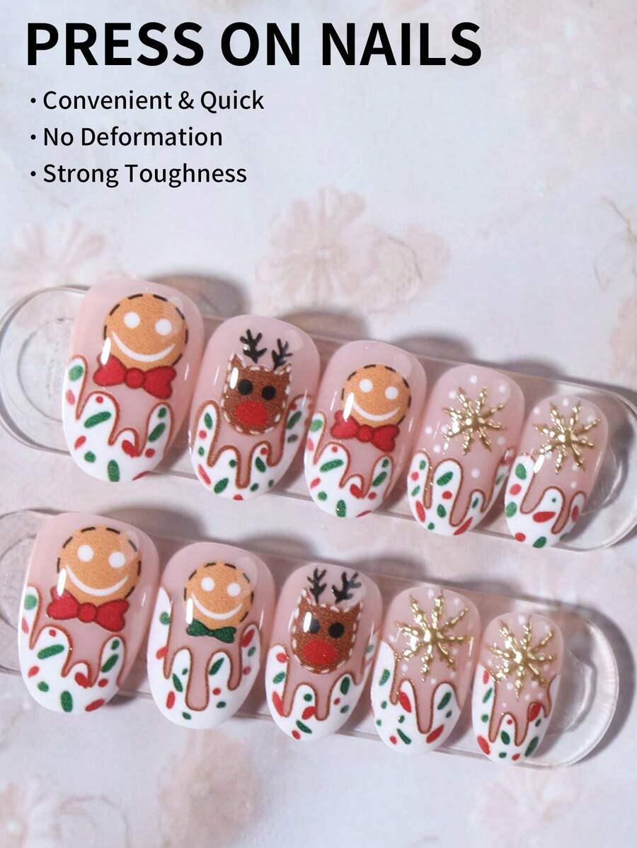 24pcs Christmas Press-On Nails, Short Square Snowman Design with Glitter French Tips, Acrylic False Nail Set with Jelly Glue & File for Holiday Wear