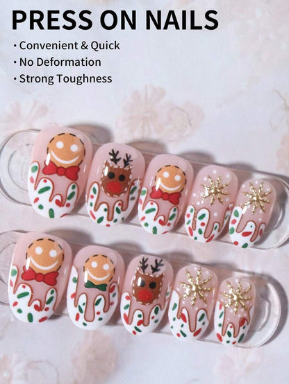 24pcs Christmas Press-On Nails, Short Square Snowman Design with Glitter French Tips, Acrylic False Nail Set with Jelly Glue & File for Holiday Wear