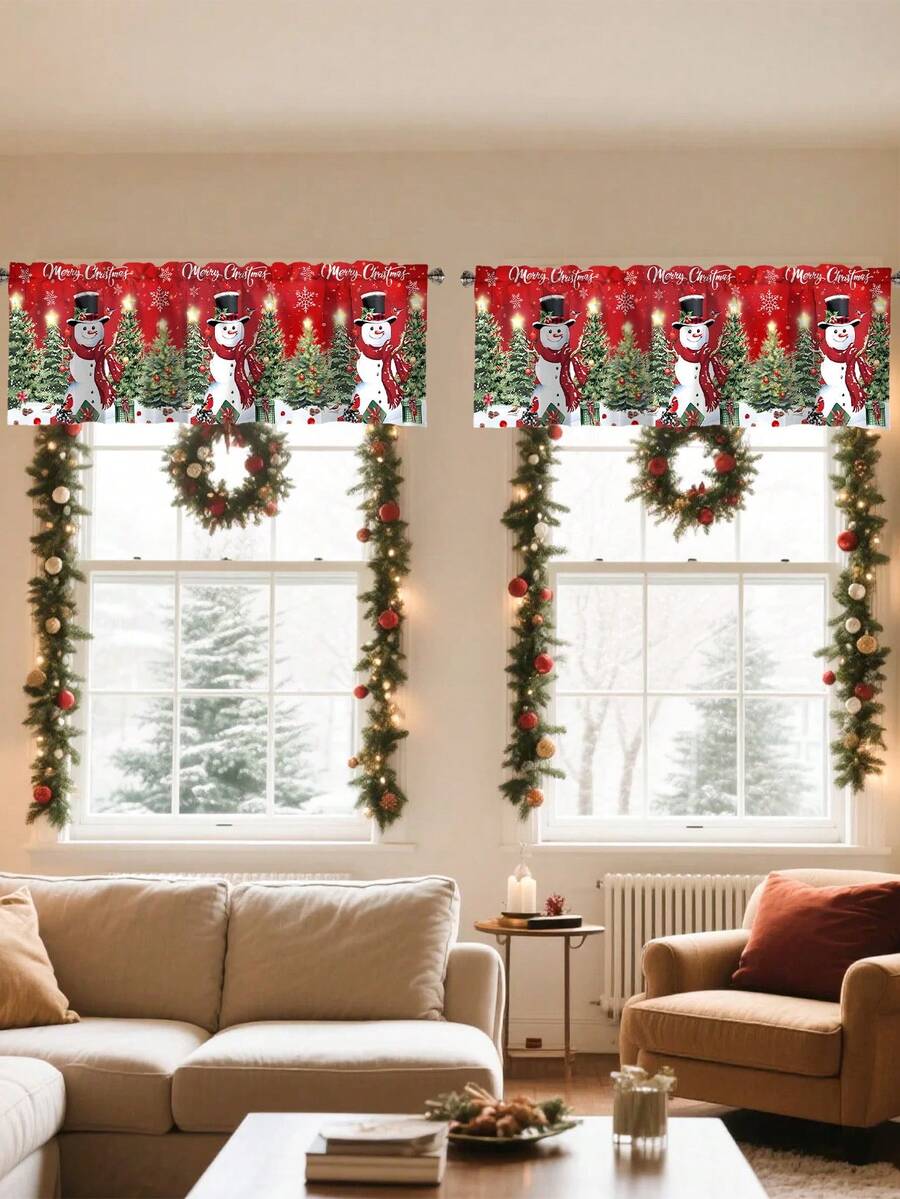 Santa Claus & Snowman Christmas Curtain Valance, 1–2 Piece Polyester Window Decor with Rod Pocket for Kitchen, Living Room or Bedroom