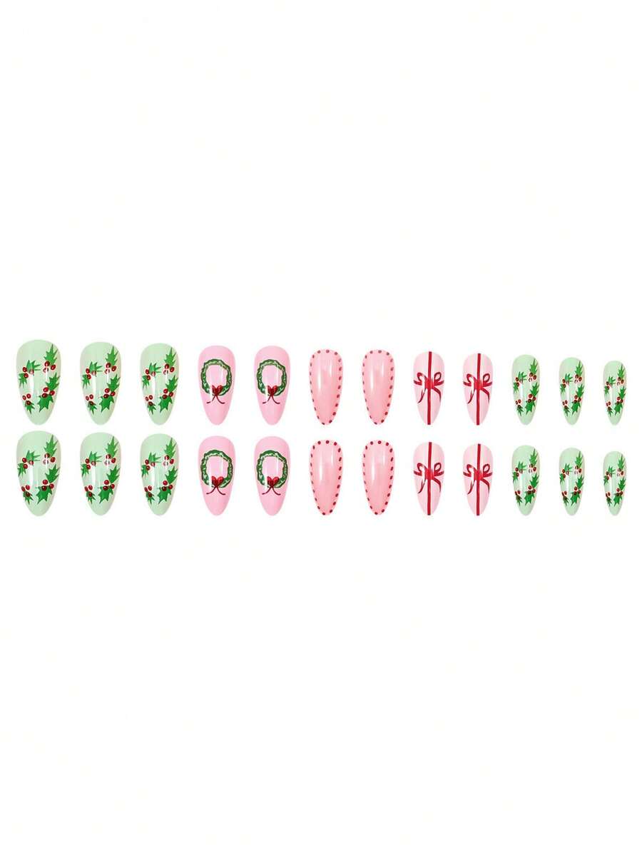 24pcs Almond Christmas Press On Nails, Red Santa Hat Short False Nails, Holiday Nail Set For Women, Office, Date, Party & Everyday Wear