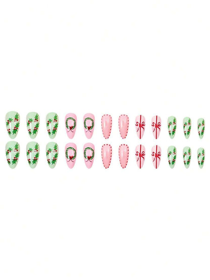 24pcs Almond Christmas Press On Nails, Red Santa Hat Short False Nails, Holiday Nail Set For Women, Office, Date, Party & Everyday Wear