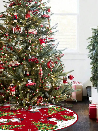 Red & Black Plaid Christmas Tree Skirt, Snowflake Pattern Round Tree Mat, Soft Decorative Base Cover for Living Room & Winter Holiday Home Decor
