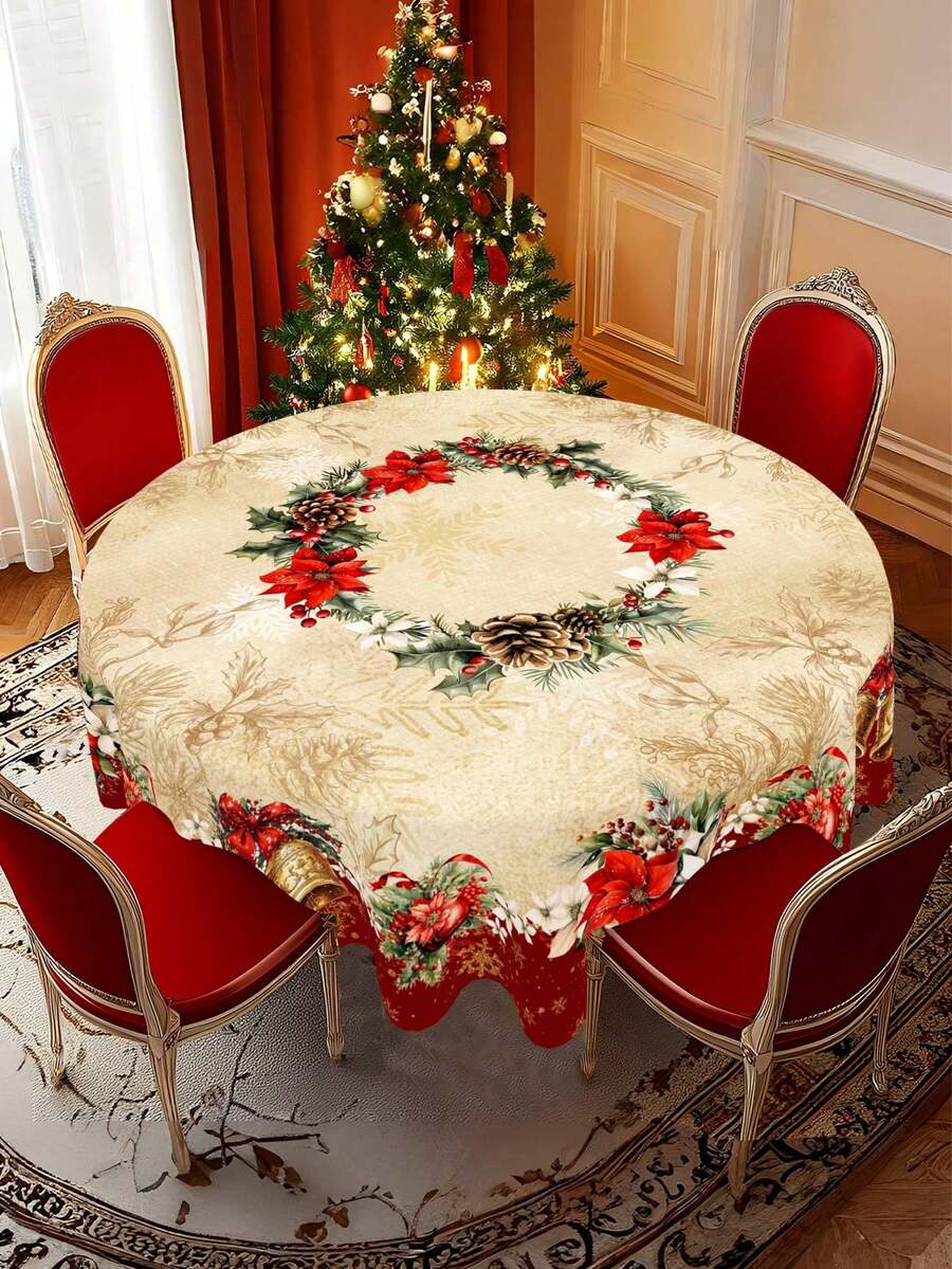 Festive Christmas Tablecloth with Snowman & Reindeer Wreath Design, Polyester Winter Table Cover for Dining Room & Kitchen Holiday Decor