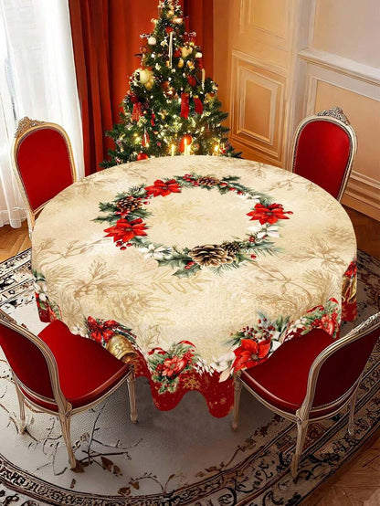 Festive Christmas Tablecloth with Snowman & Reindeer Wreath Design, Polyester Winter Table Cover for Dining Room & Kitchen Holiday Decor