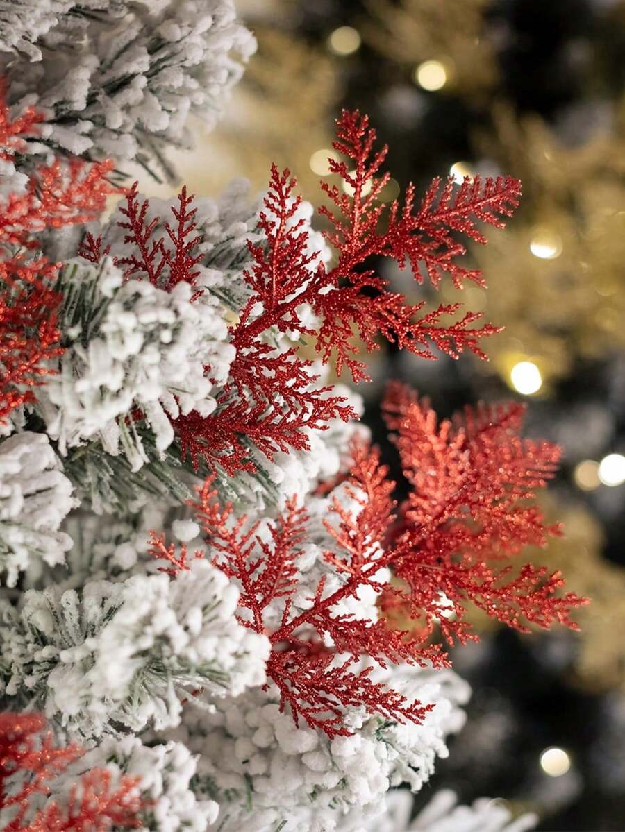 20pcs Glitter Cedar Pine Needles with Sequins, Artificial Blue and Pink Leaves for DIY Garlands, Wedding Bouquets, and Winter Holiday Home Decor