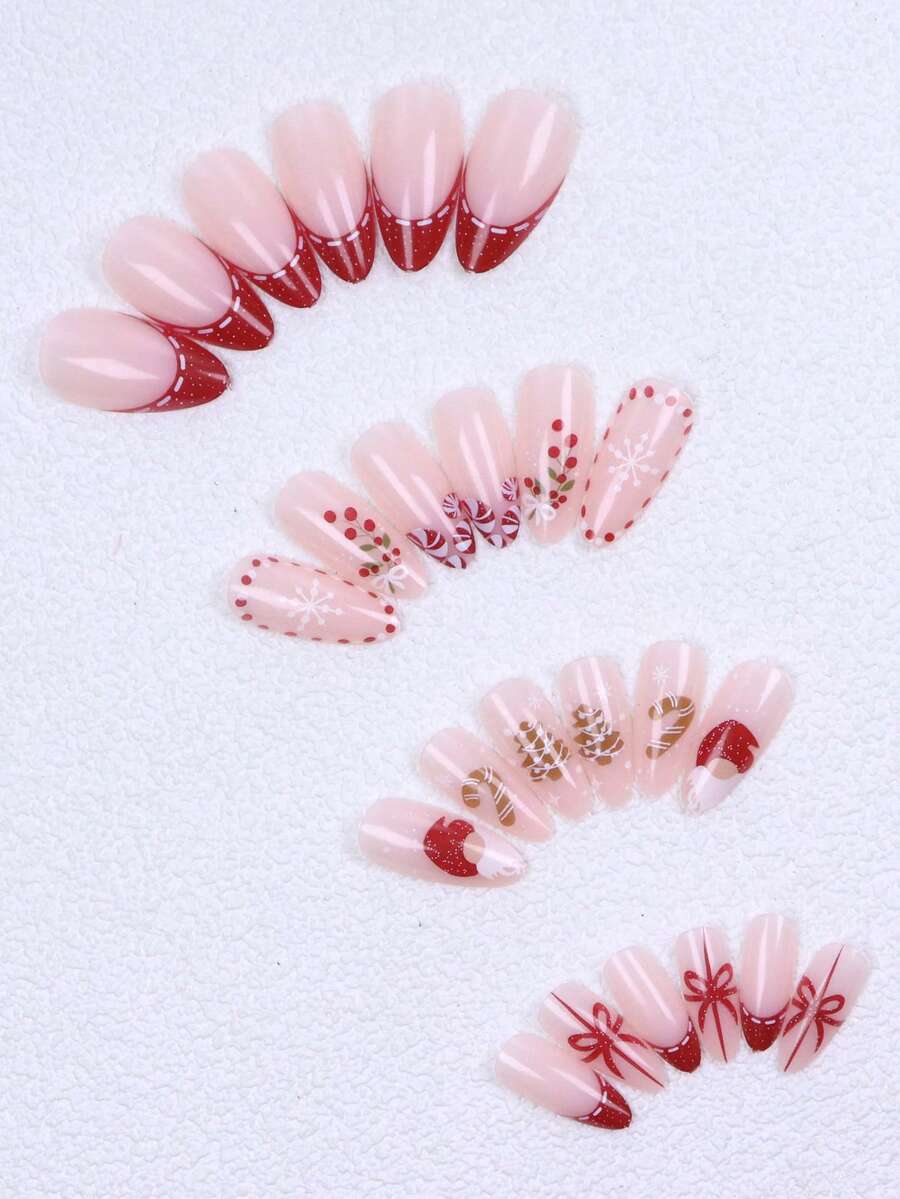 Christmas Long Almond Press On Nails 24pcs, Red French Tips With White Snowflakes And Santa Hat Design, Acrylic False Nails Set For Holiday Or Party