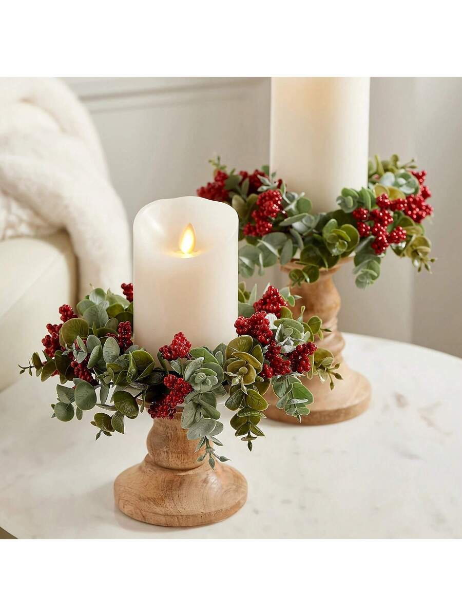 Christmas Candle Ring Holder with Red Flowers, Gold Berries & Greenery, Holiday Table Centerpiece
