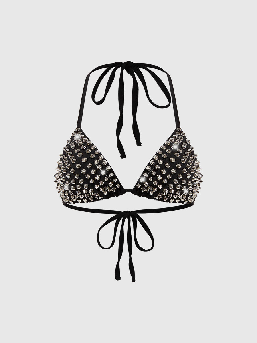Women's black knitted halter micro crop top featuring studded details, high stretch fabric, and an asymmetrical hem.