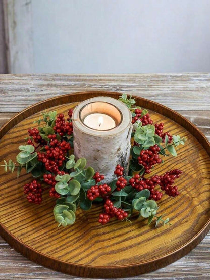 Christmas Candle Ring Holder with Red Flowers, Gold Berries & Greenery, Holiday Table Centerpiece
