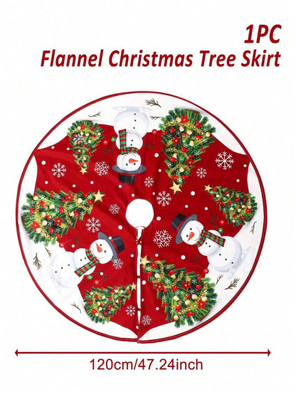 Red & Black Plaid Christmas Tree Skirt, Snowflake Pattern Round Tree Mat, Soft Decorative Base Cover for Living Room & Winter Holiday Home Decor