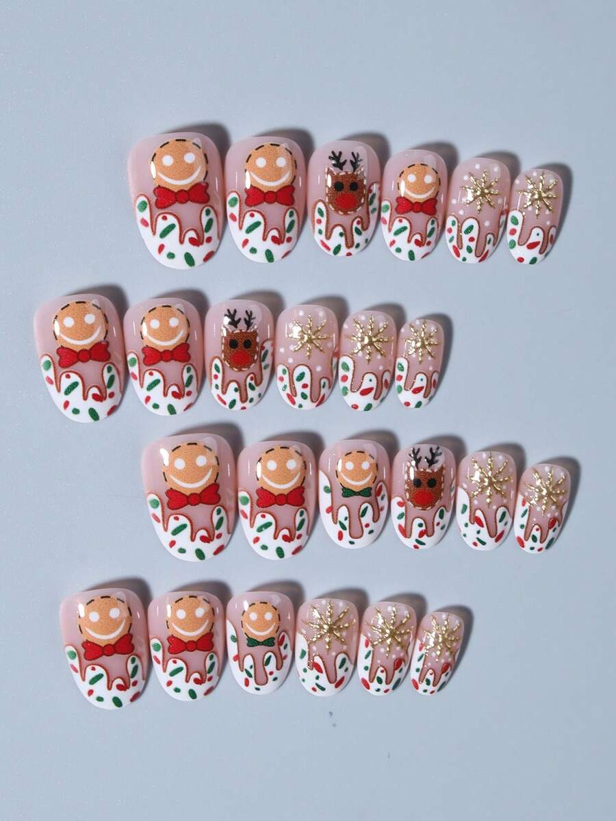 24pcs Christmas Press-On Nails, Short Square Snowman Design with Glitter French Tips, Acrylic False Nail Set with Jelly Glue & File for Holiday Wear