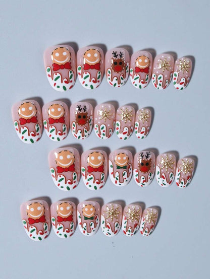 24pcs Christmas Press-On Nails, Short Square Snowman Design with Glitter French Tips, Acrylic False Nail Set with Jelly Glue & File for Holiday Wear