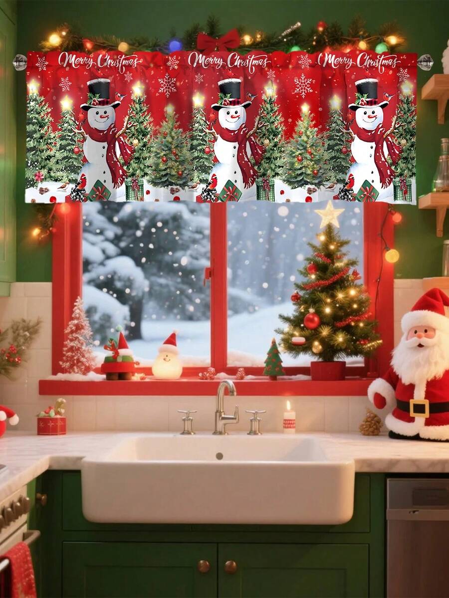 Santa Claus & Snowman Christmas Curtain Valance, 1–2 Piece Polyester Window Decor with Rod Pocket for Kitchen, Living Room or Bedroom