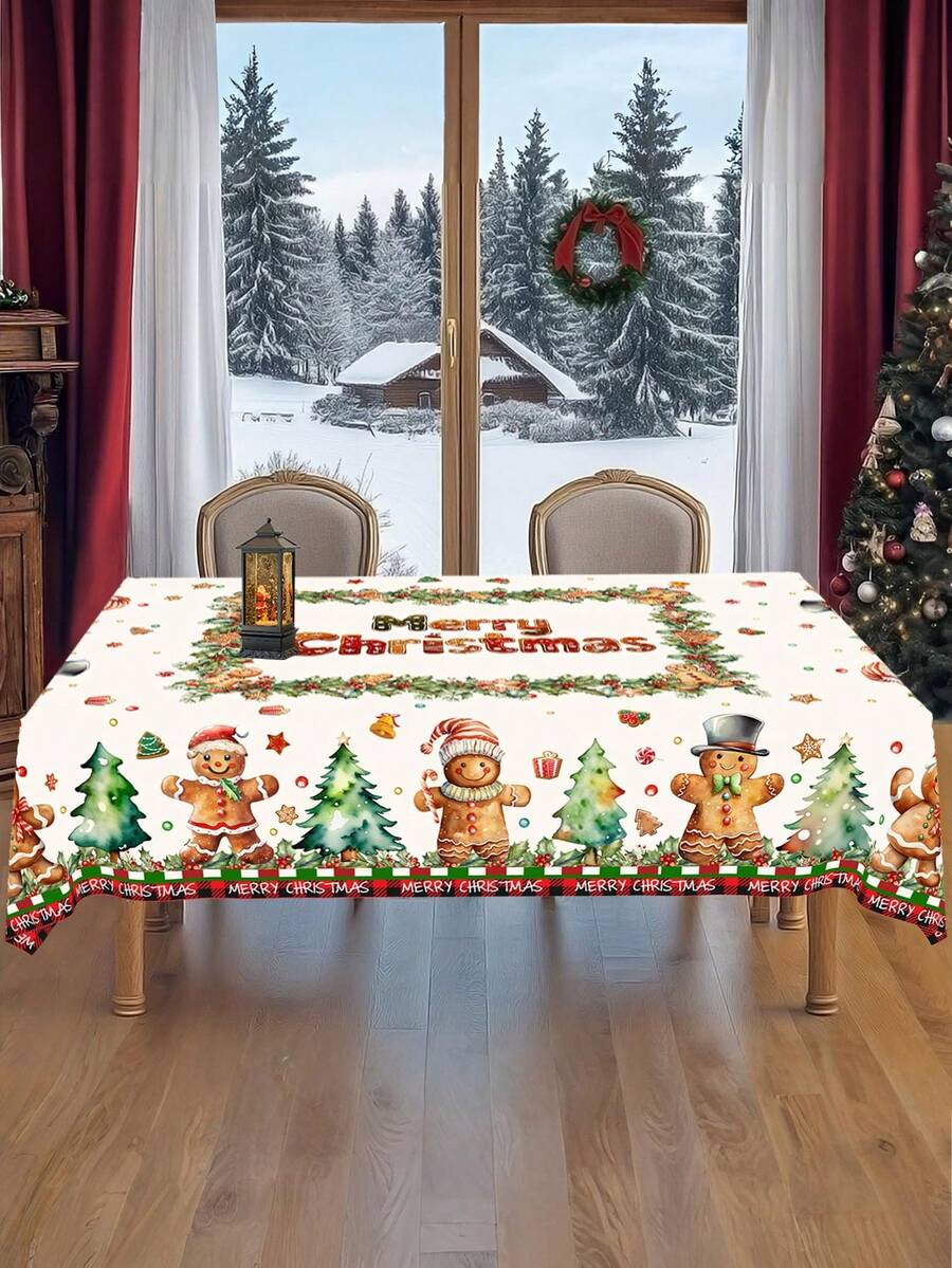 Festive Christmas Tablecloth with Snowman & Reindeer Wreath Design, Polyester Winter Table Cover for Dining Room & Kitchen Holiday Decor