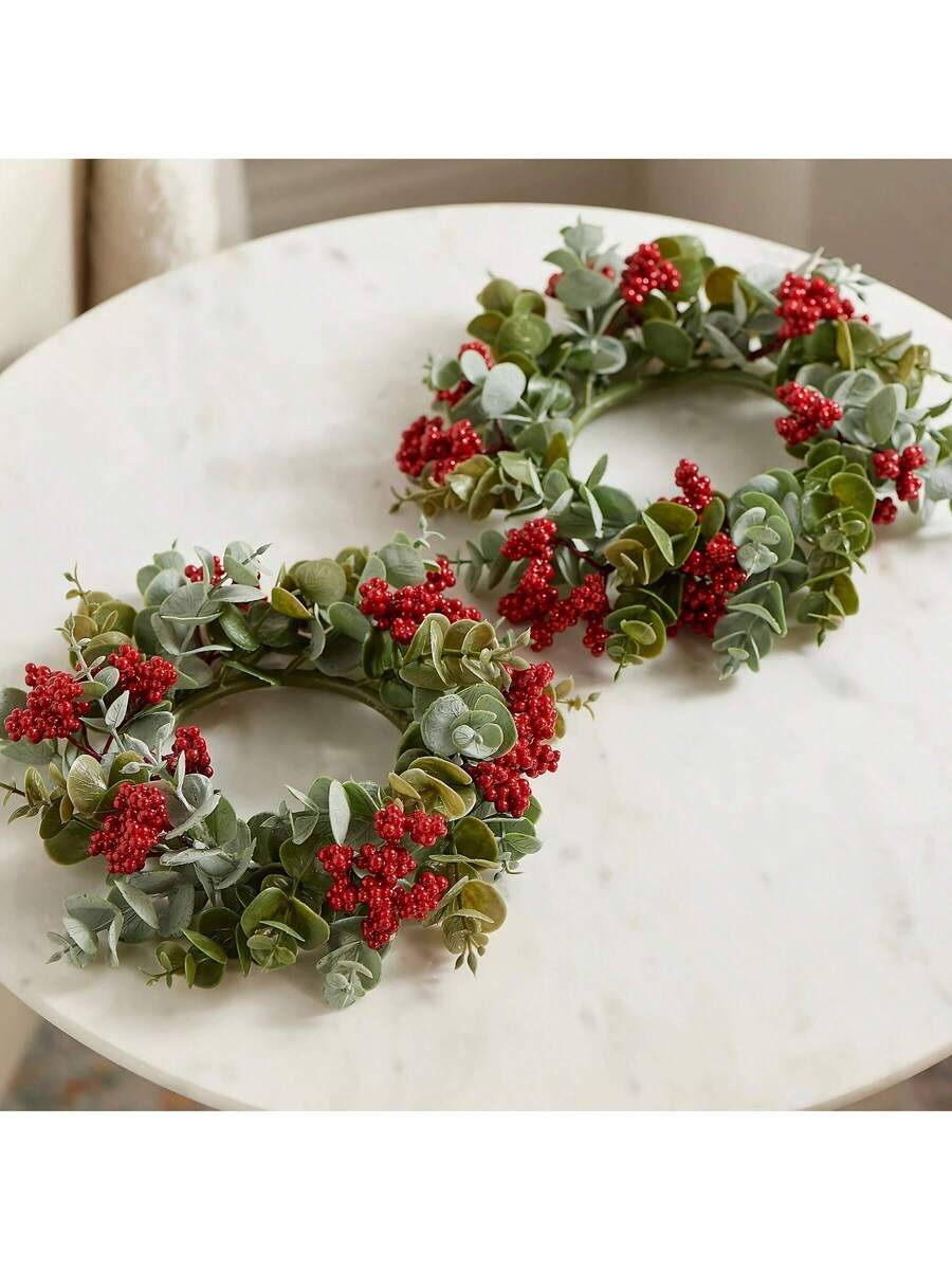 Christmas Candle Ring Holder with Red Flowers, Gold Berries & Greenery, Holiday Table Centerpiece