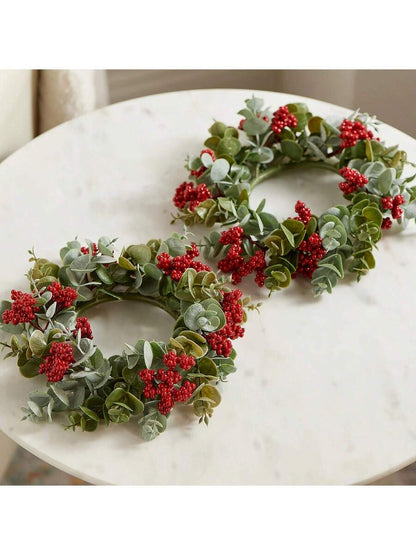 Christmas Candle Ring Holder with Red Flowers, Gold Berries & Greenery, Holiday Table Centerpiece