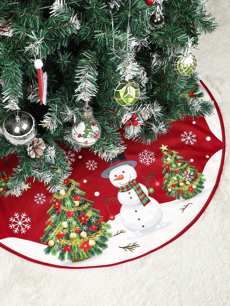 Red & Black Plaid Christmas Tree Skirt, Snowflake Pattern Round Tree Mat, Soft Decorative Base Cover for Living Room & Winter Holiday Home Decor