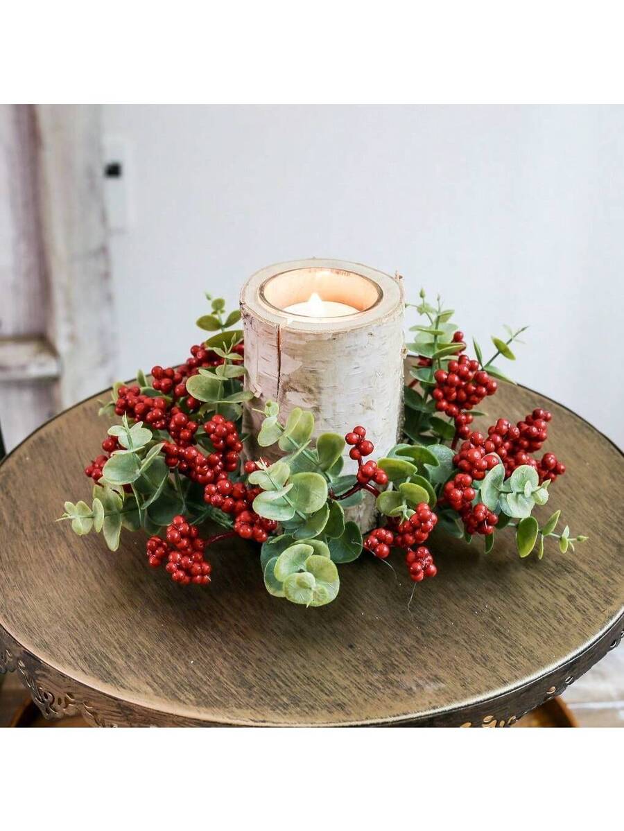 Christmas Candle Ring Holder with Red Flowers, Gold Berries & Greenery, Holiday Table Centerpiece