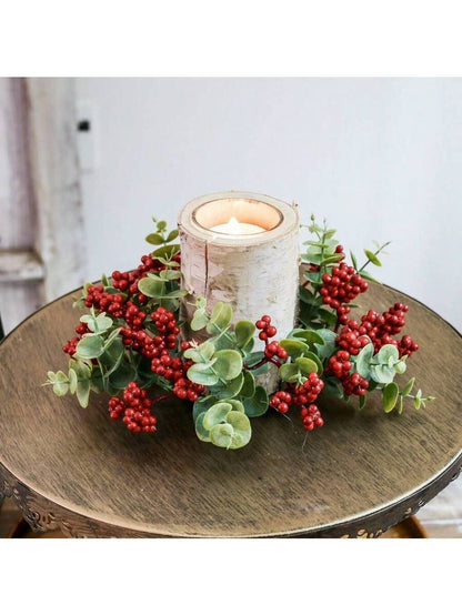 Christmas Candle Ring Holder with Red Flowers, Gold Berries & Greenery, Holiday Table Centerpiece