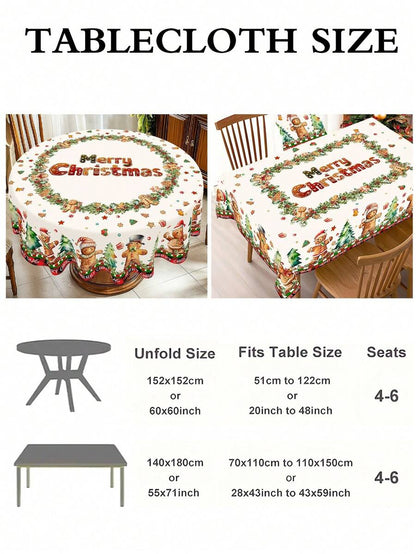Festive Christmas Tablecloth with Snowman & Reindeer Wreath Design, Polyester Winter Table Cover for Dining Room & Kitchen Holiday Decor