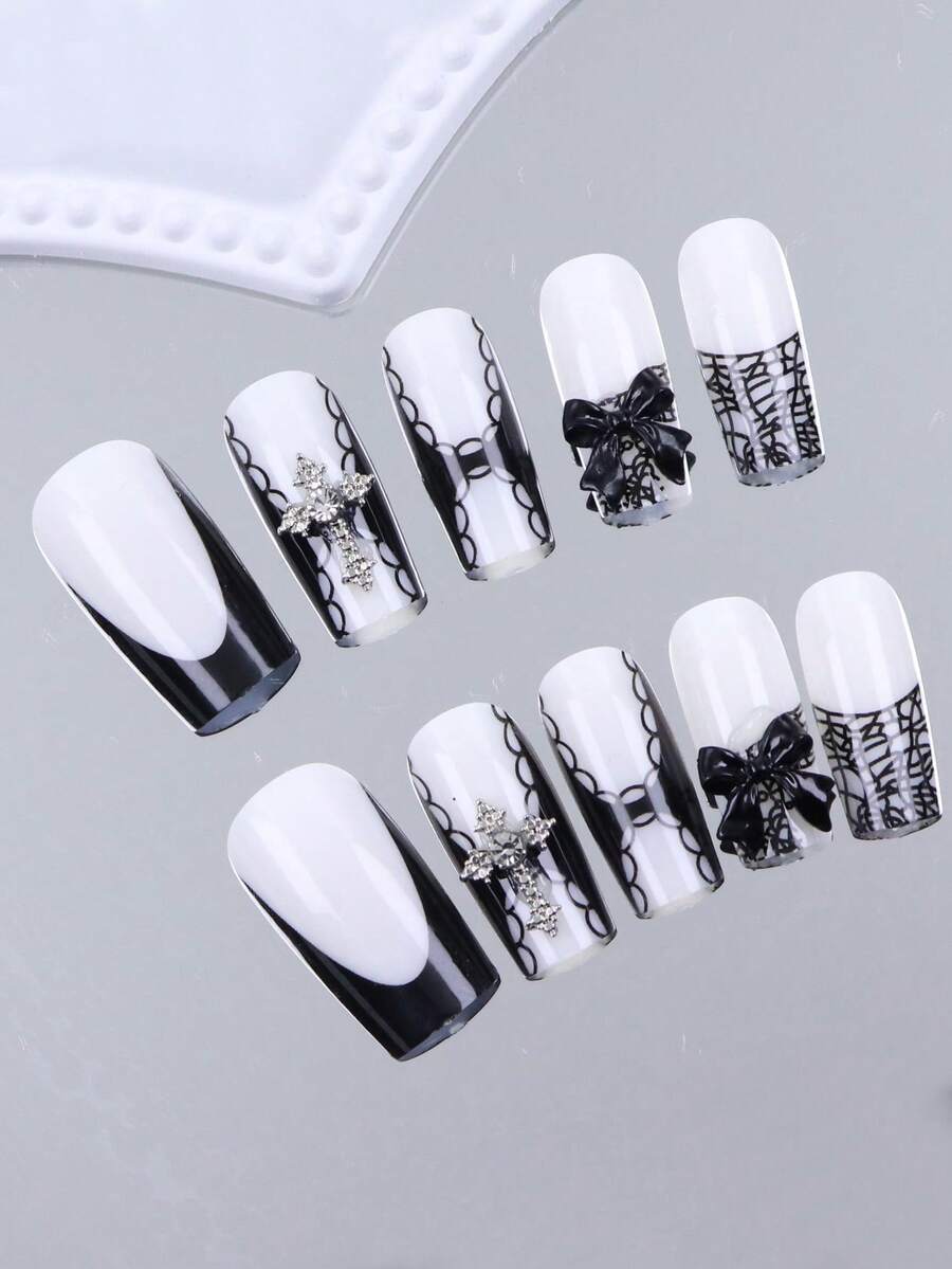 24pcs Long Ballet Christmas Press On Nails, White Snowflakes And Gingerbread Bow Design, 3D Acrylic False Nails For Women Holiday Gift