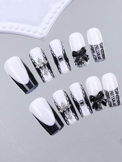 24pcs Long Ballet Christmas Press On Nails, White Snowflakes And Gingerbread Bow Design, 3D Acrylic False Nails For Women Holiday Gift