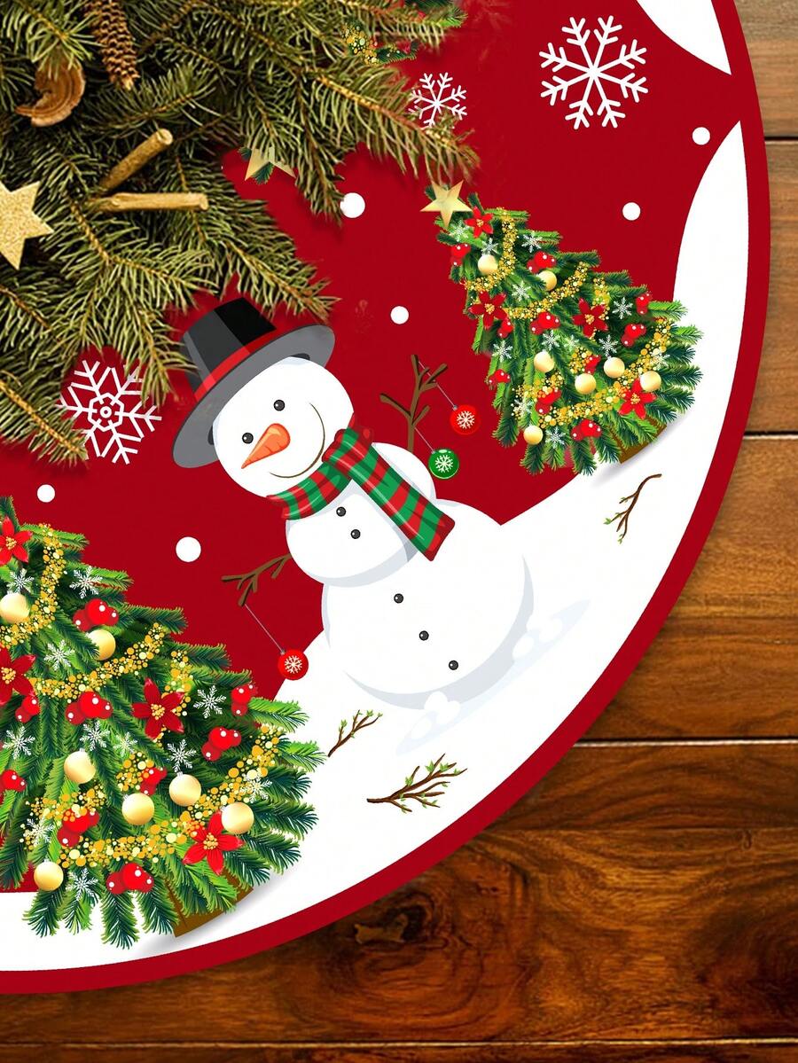 Red & Black Plaid Christmas Tree Skirt, Snowflake Pattern Round Tree Mat, Soft Decorative Base Cover for Living Room & Winter Holiday Home Decor