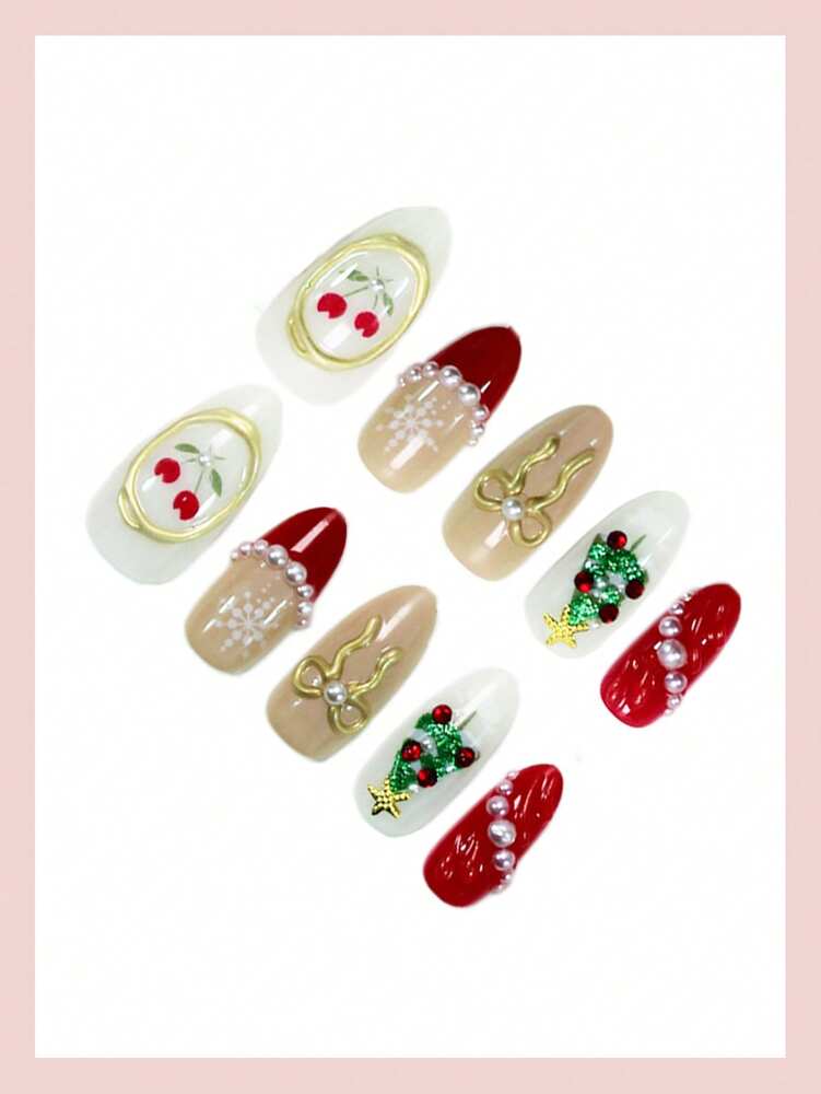 30pcs Medium Almond Red French Press On Nails, 3D Bowknot Snowflake Christmas Tree Design With Rhinestones, Glossy Holiday Nail Set For Women