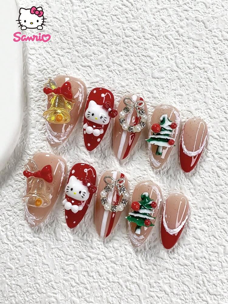 10pcs Christmas Press On Nails, 3D Hello Kitty Red French Tips With Bells And Wreath Charms, Handmade Snowflake Design Acrylic Nails Holiday Gift