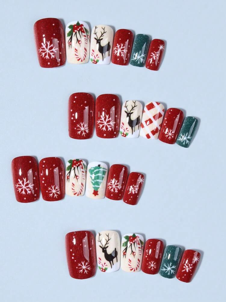 24pcs Short Square Christmas Press On Nails, Tree Snowman Elk French Tip Design, Acrylic False Nail Set With Glue & File For Holiday Use