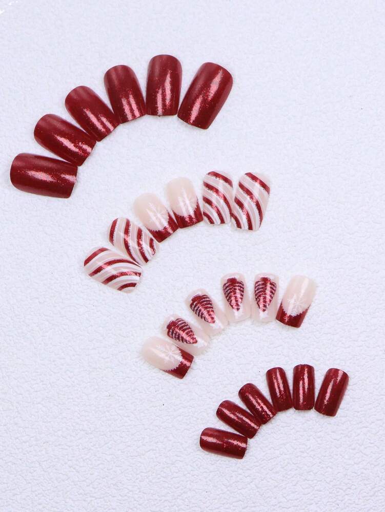 24pcs Medium Square Christmas Press On Nails, Red French Glitter Snowflake Candy Design, Bling Acrylic False Nails For Women Holiday Wear