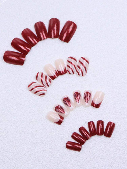 24pcs Medium Square Christmas Press On Nails, Red French Glitter Snowflake Candy Design, Bling Acrylic False Nails For Women Holiday Wear