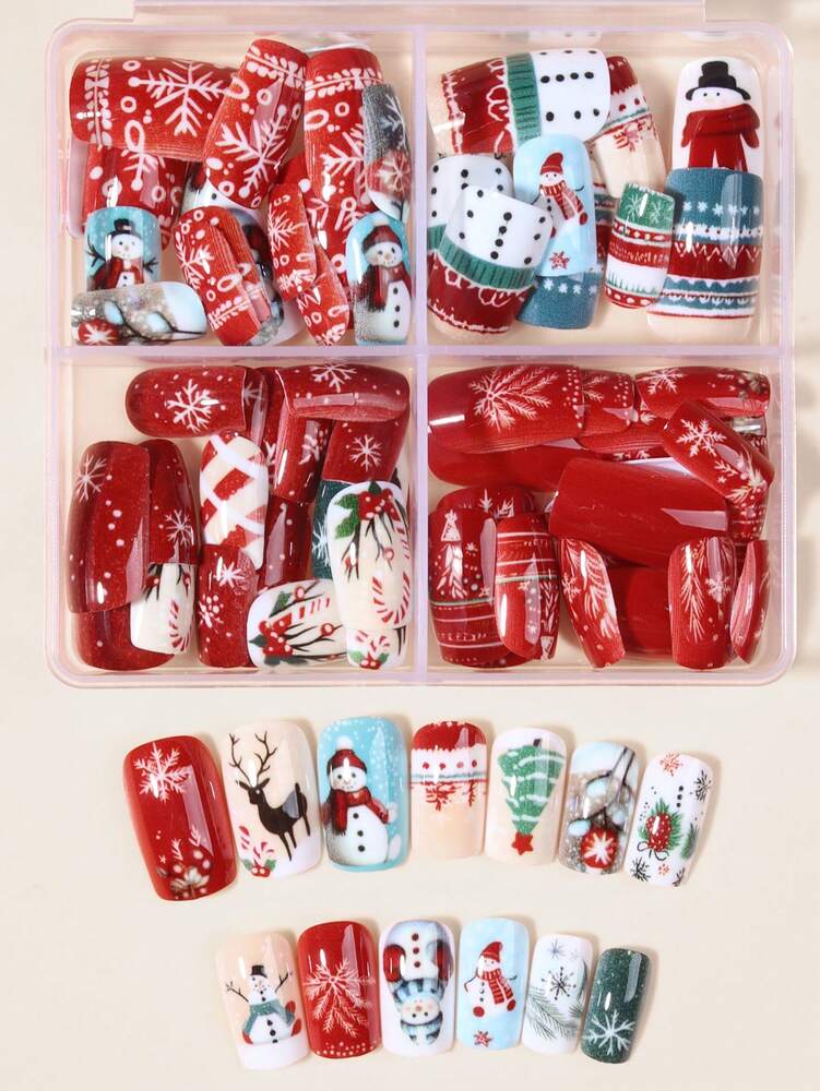 96pcs Christmas Press On Nails Short Square Mixed Set, Snowflake, Elk, Tree And Star Design, French Tip False Nails With Jelly Glue & File