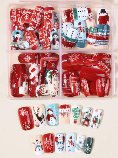 96pcs Christmas Press On Nails Short Square Mixed Set, Snowflake, Elk, Tree And Star Design, French Tip False Nails With Jelly Glue & File