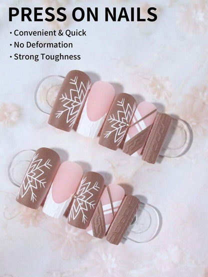 24pcs Long Square Christmas Press On Nails, Snowflake And Heart Matte French Tips, Acrylic False Nail Set With Glue & File For Holiday Wear
