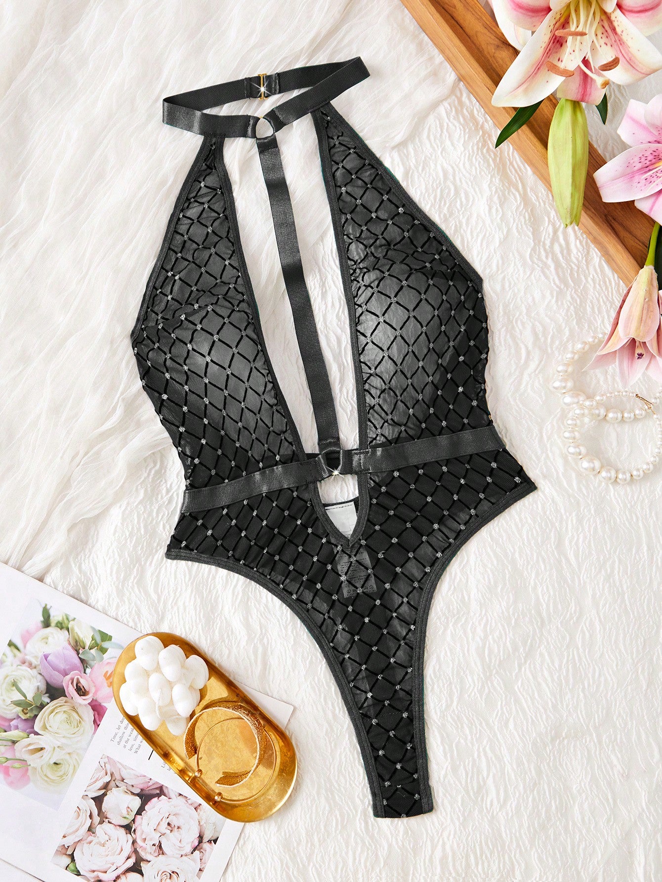Sexy Rhinestone Halter Neck Bodysuit for Rave