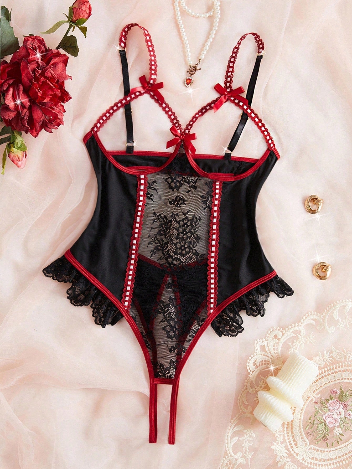 1pc Floral Lace Patchwork Open Crotch Backless Bodysuit, Adjustable Strap Bow Hollow Design Sexy Bodysuit For Women, Going Out