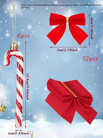 18/36pcs Glitter Candy Cane Christmas Ornaments, Red and White Bow Pendants, Decorative Hanging Crutches for Holiday Tree, Fireplace, and Party Decor