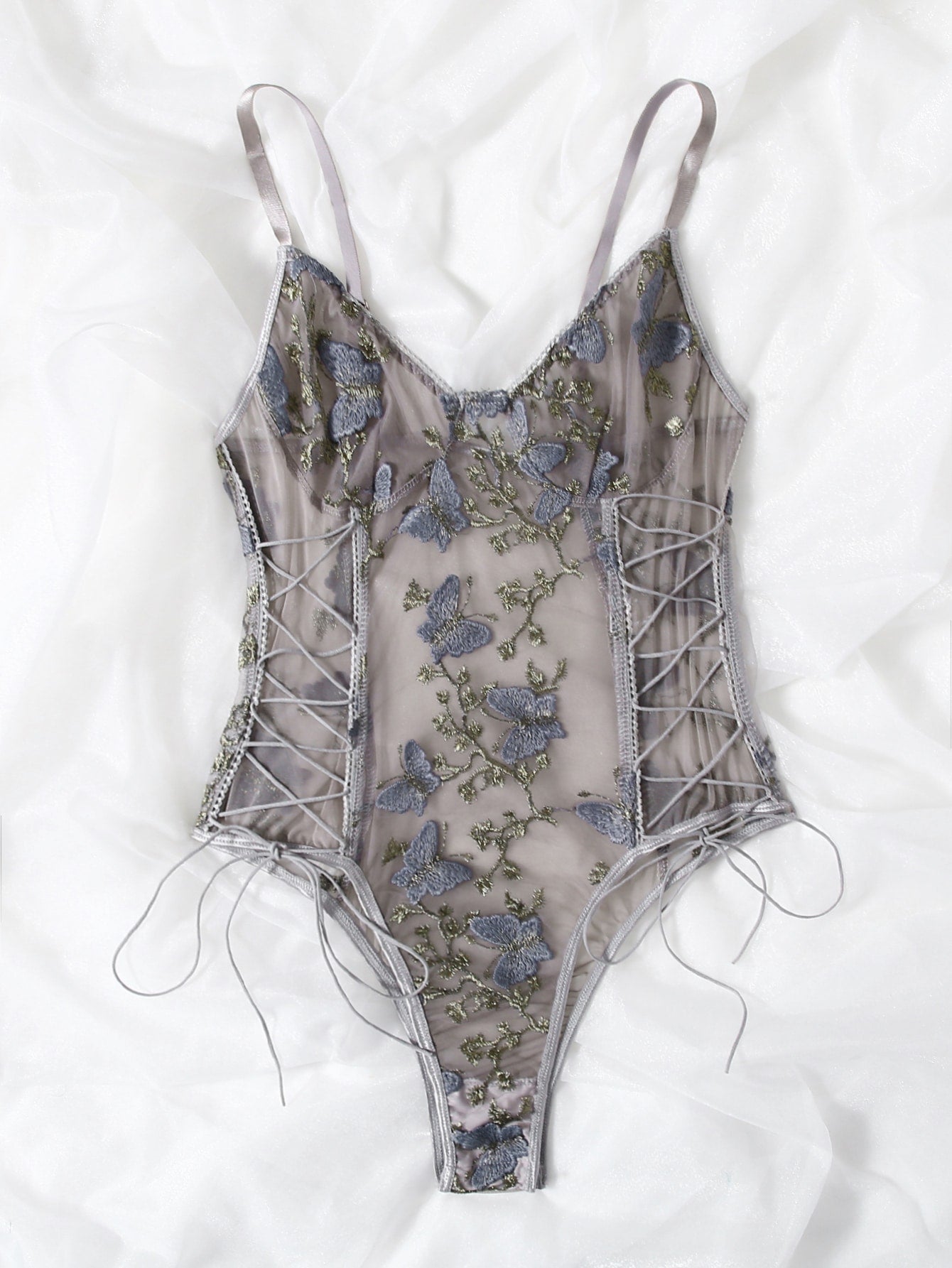 Butterfly Embroidered Mesh Teddy Bodysuit Lingerie