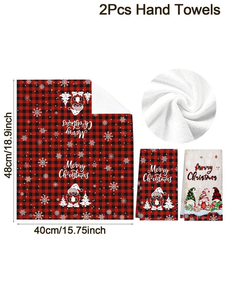 2pcs Christmas Gnome Hand Towels, Red & Black Plaid Microfiber Kitchen & Bathroom Towels, Soft Absorbent Holiday Home Decor