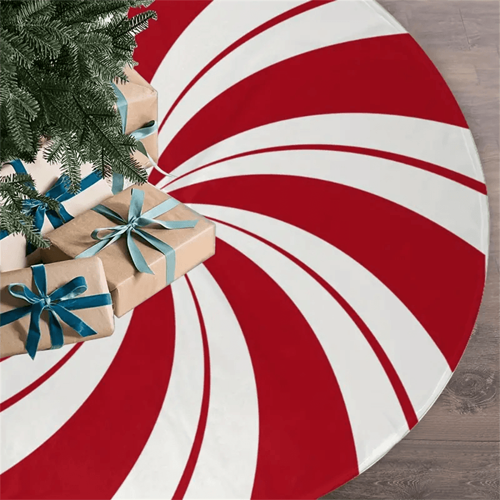 Peppermint Candy Christmas Tree Skirt, Rustic Red & White Swirl Design, Cozy Holiday Decoration for Living Room & Office