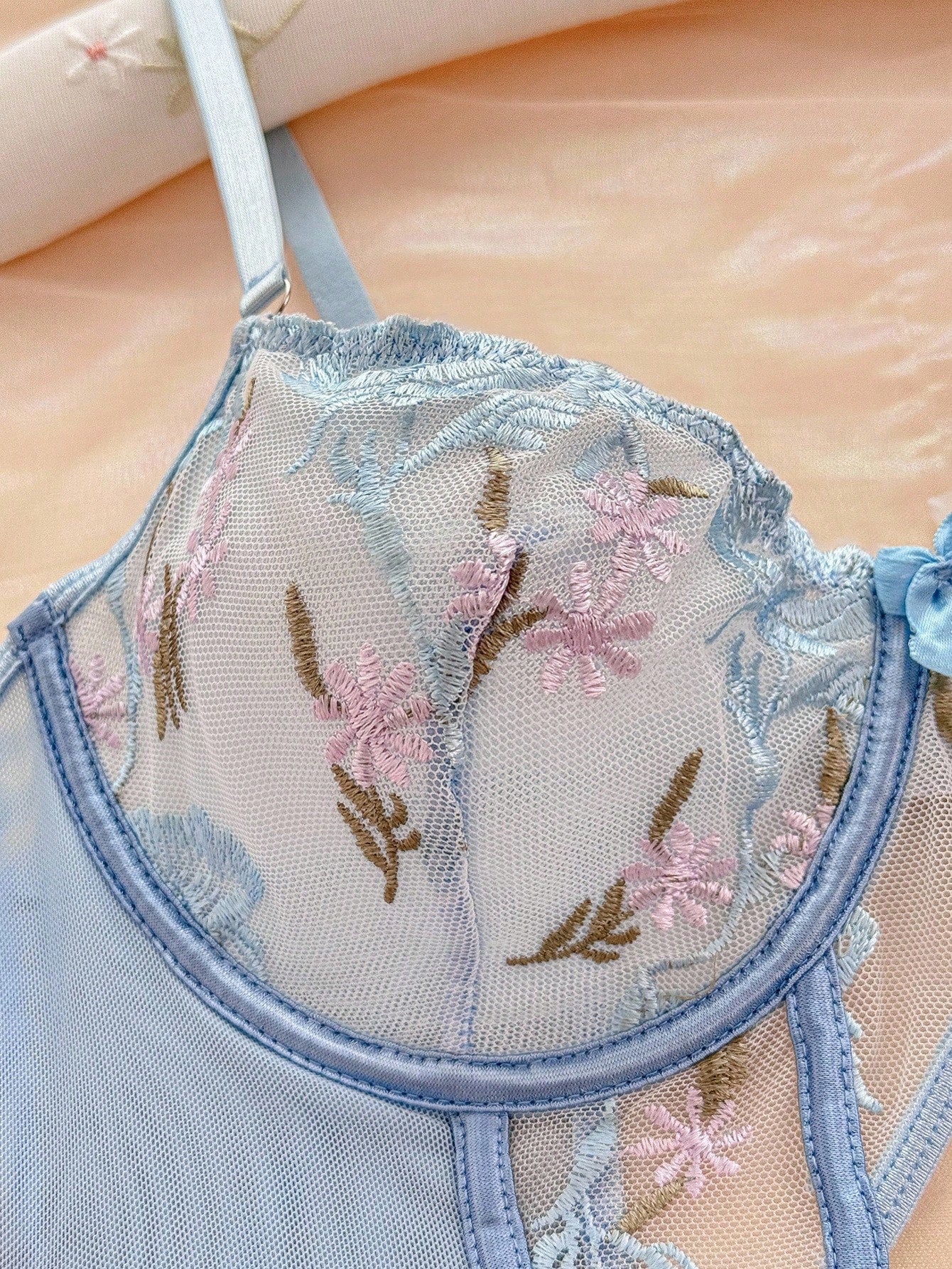 3-Piece Floral Embroidery Mesh Underwire Teddy Bodysuit Lingerie