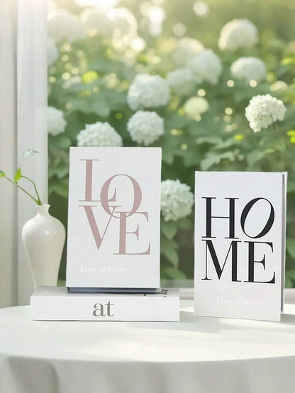 3pcs LOVE AT HOME Decorative Books Set, Stylish Faux Book Ornaments for Coffee Table, Shelf or Office Decor, Creative Living Room Display Props