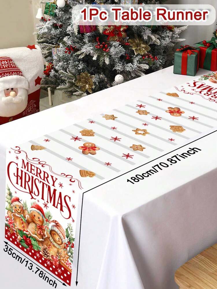 Gingerbread Man Christmas Table Runner, 35x180cm Polyester Holiday Table Flag, Festive Dining Room Décor for Christmas & Winter Home Use