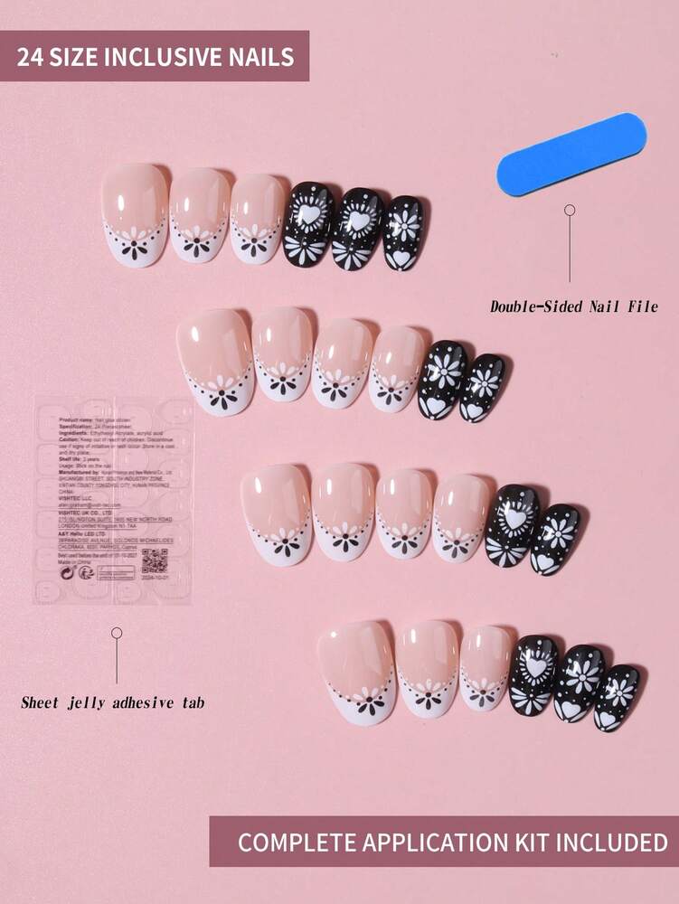 24pcs Short Oval Press On Nails, White Black French Tips With Heart And Flower Pattern, Full Cover Acrylic Nails For Women With Jelly Glue & File