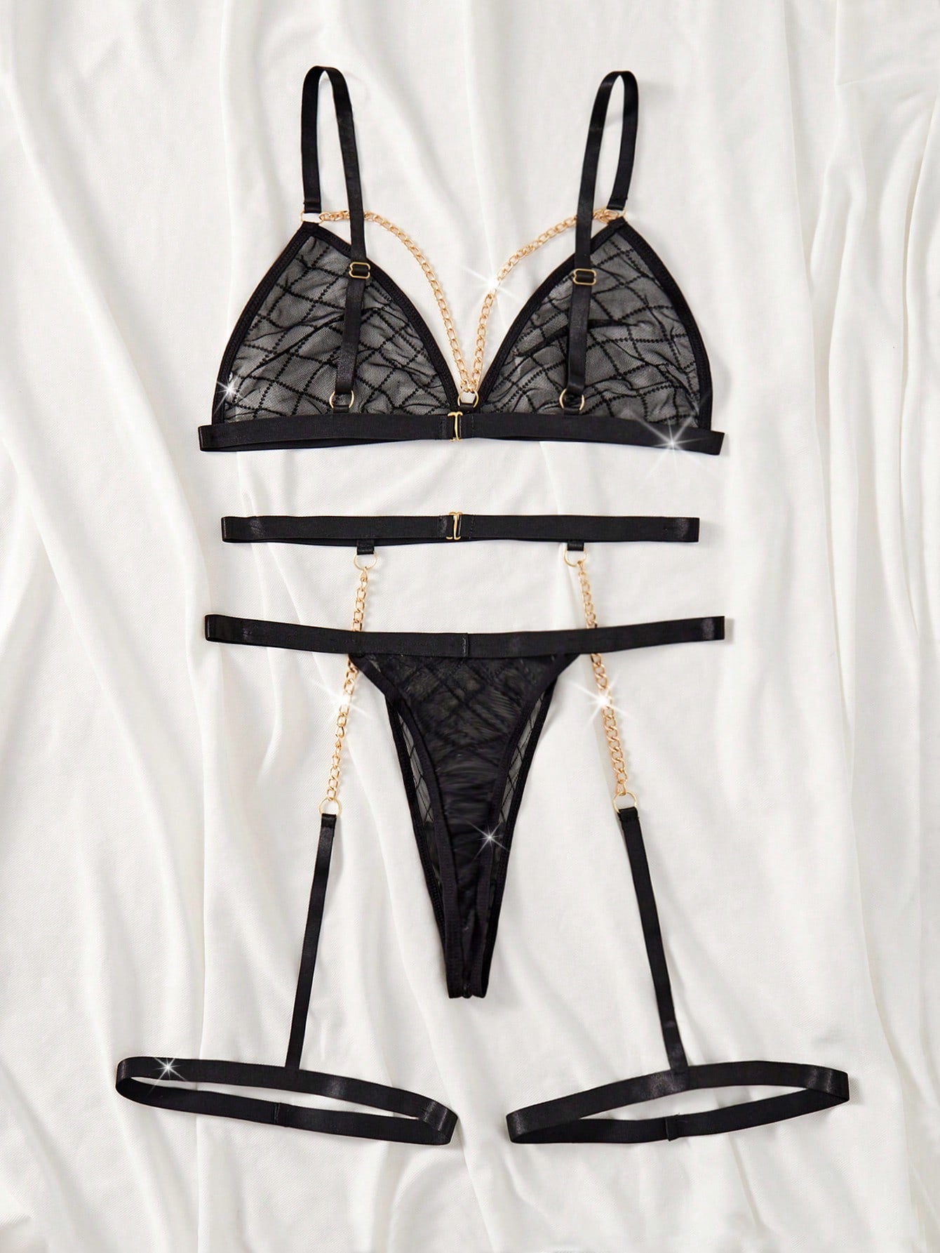 Plaid Sheer Mesh Sexy Lingerie Set with Metal Chain Bra Garter Belt and Thong