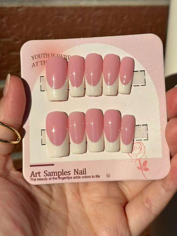 10pcs Square Medium French Press On Nails, Pink White Glossy Minimalist Design, Classic Handmade Nail Set For Women Daily Or Party Wear